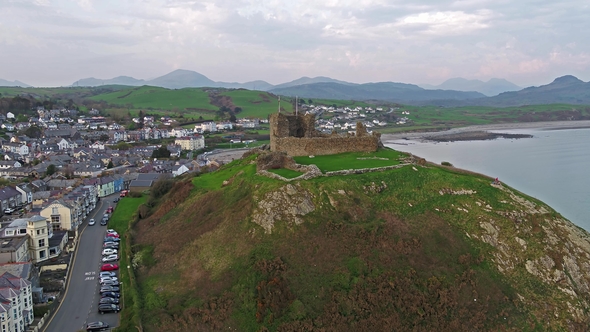 Aerial View of Criccieth Castle and Beach at Dawn in Wales in UK