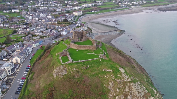 Aerial View of Criccieth Castle and Beach at Dawn, Wales, UK