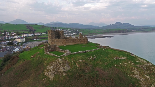 Aerial View of Criccieth Castle and Beach at Dawn, Wales, UK