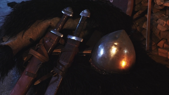 Viking Helmet and Two Swords in a Scabbard alt
