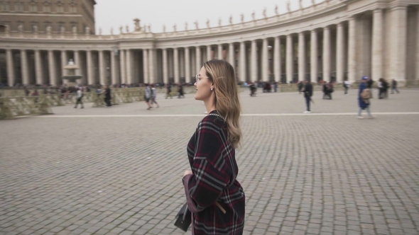 Young Woman in Vatican City and St. Peter's Basilica Church, Rome, Italy. Travel Tourist Girl