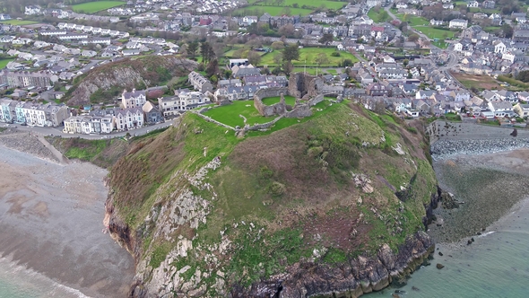 Aerial View of Criccieth Castle and Beach at Dawn, Wales, UK