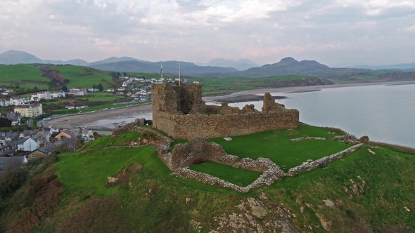 Aerial View of Criccieth Castle and Beach at Dawn in Wales in UK