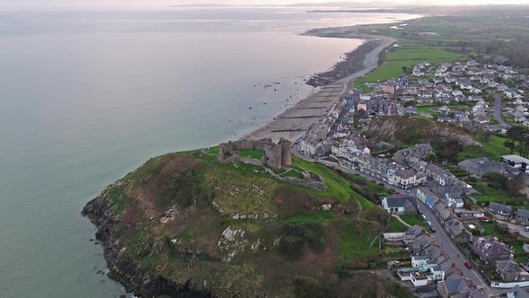 Aerial View of Criccieth Castle and Beach at Dawn in Wales in UK