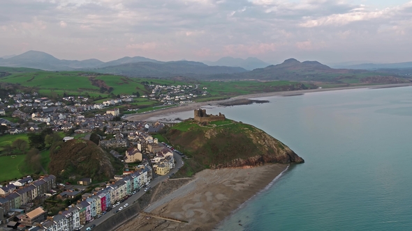 Aerial View of Criccieth Castle and Beach at Dawn, Wales, UK