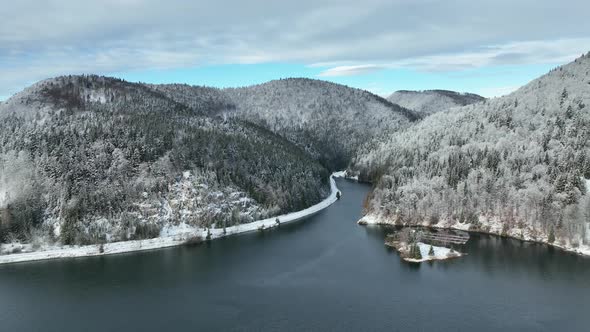 Aerial view of the Palcmanska Masa reservoir in the village of Dedinky in Slovakia