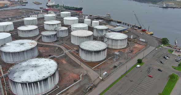 Oil Refinery Station in Petrochemical Industry Zone at Industrial Equipment with Aerial View