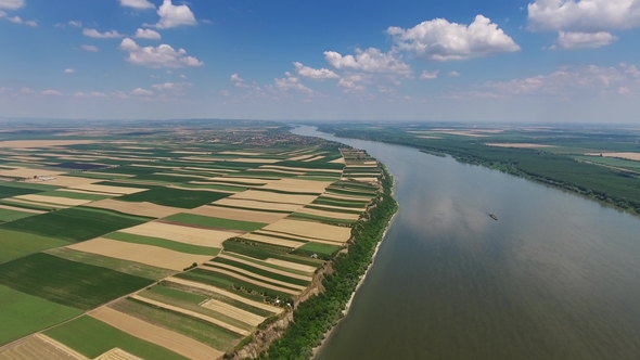 Aerial View of Fields and Danube River in Serbia