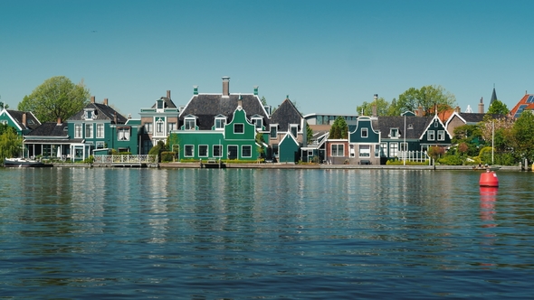 Ancient Houses in Zaanse Schans Are Reflected in the Water. Beautiful Village in the Netherlands