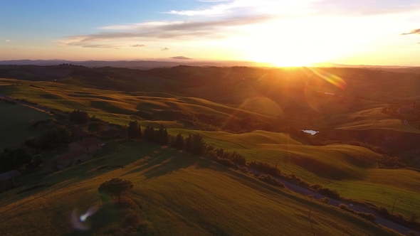 Tuscany Aerial Road and Cypresses at Sunset