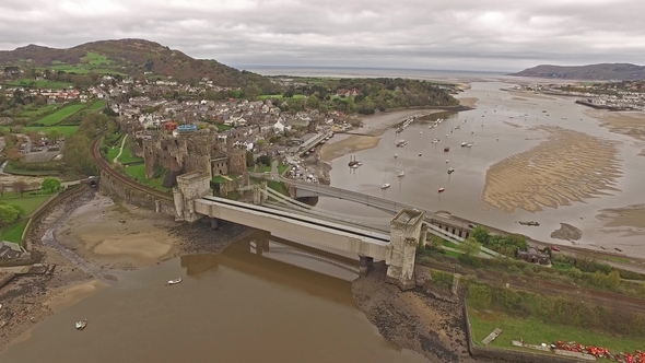 Aerial View of the Historic Town of Conwy with It's Medieval Castle - Wales - United Kingdom