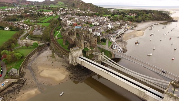 Aerial View of the Historic Town of Conwy with It's Medieval Castle - Wales - United Kingdom