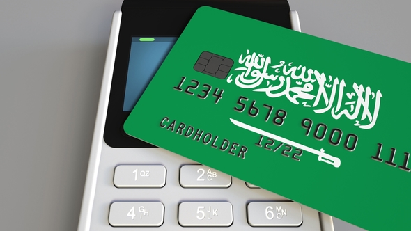 Payment Terminal with Credit Card Featuring Flag of Saudi Arabia