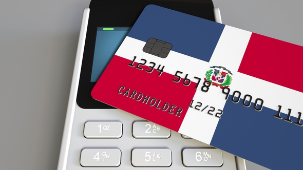 POS Terminal with Card Featuring Flag of the Dominican Republic alt