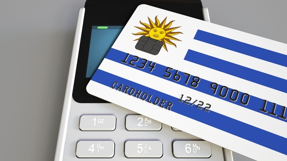 Payment Terminal with Credit Card Featuring Flag of Uruguay alt