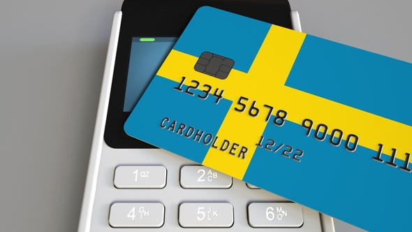 Payment Terminal with Credit Card Featuring Flag of Sweden alt