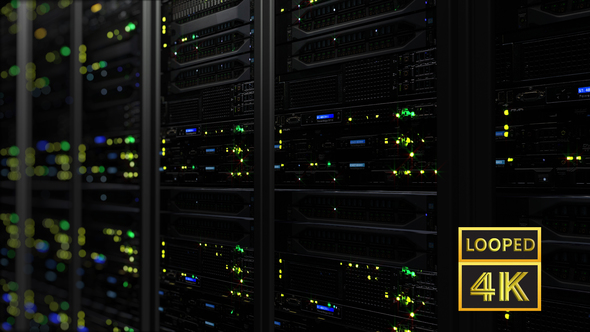 Dark Modern Working Data Servers With Flashing LEDs alt