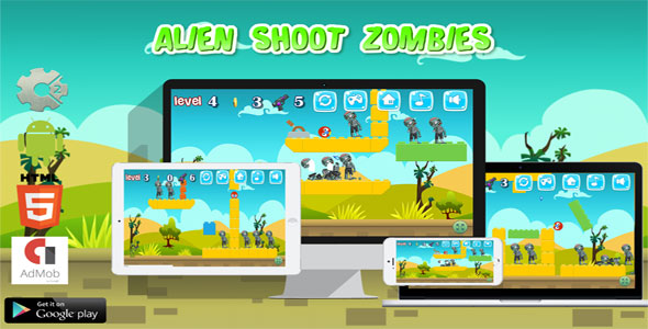 Alien Shoot Zombies - HTML5 Javascript game(Construct 2 | Construct 3 both version included)