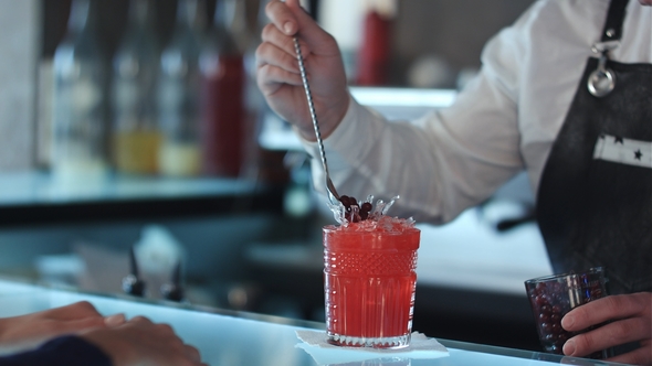 Bartender Decorating Cocktail Red Alcoholic Cocktail with Berries