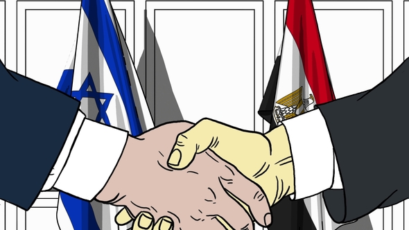Businessmen or Politicians Shake Hands Against Flags of Israel and Egypt alt