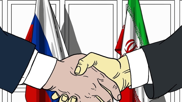 Businessmen or Politicians Shake Hands Against Flags of Russia and Iran alt