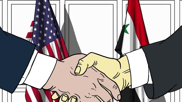 Businessmen or Politicians Shake Hands Against Flags of USA and Syria alt