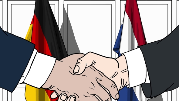 Businessmen or Politicians Shaking Hands Against Flags of Germany and Netherlands alt