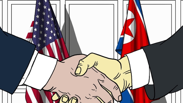 Businessmen or Politicians Shake Hands Against Flags of USA and North Korea alt
