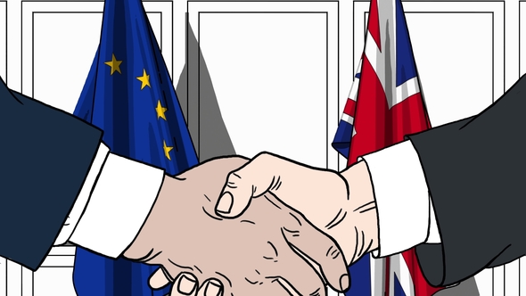 Politicians Shaking Hands Against Flags of EU and Great Britain alt