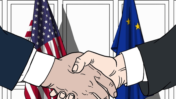 Businessmen or Politicians Shaking Hands Against Flags of USA and EU alt
