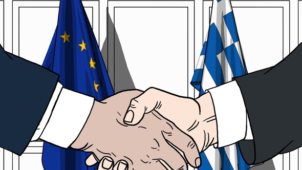 Politicians Shake Hands Against Flags of European Union EU and Greece alt