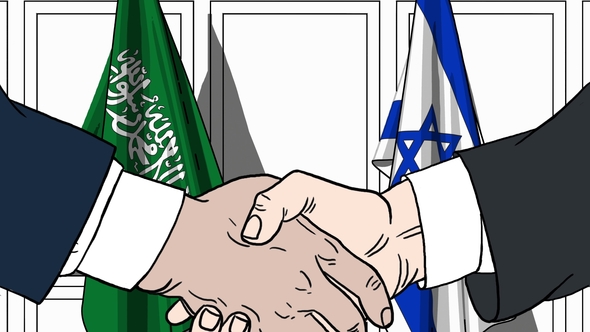 Businessmen or Politicians Shake Hands Against Flags of Saudi Arabia and Israel alt