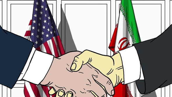 Businessmen or Politicians Shake Hands Against Flags of USA and Iran alt