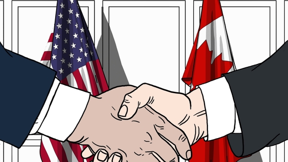 Businessmen or Politicians Shaking Hands Against Flags of USA and Canada alt