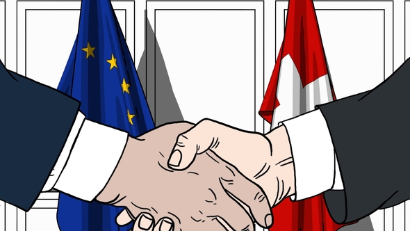 Politicians Shaking Hands Against Flags of EU and Switzerland alt