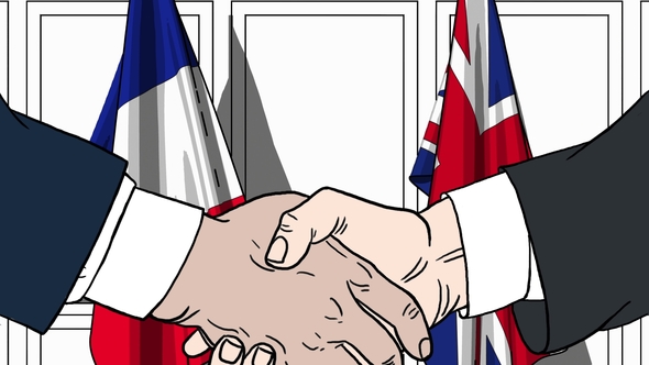 Businessmen or Politicians Shaking Hands Against Flags of France and Great Britain alt