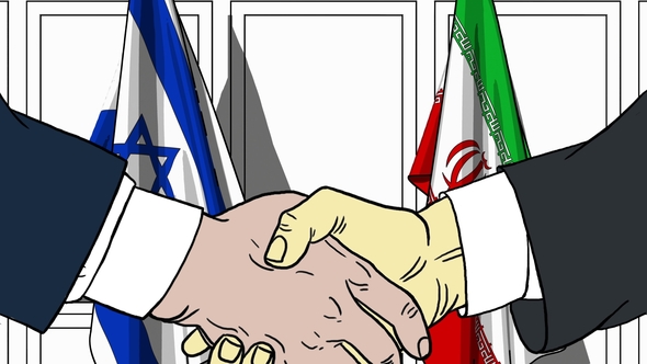 Businessmen or Politicians Shake Hands Against Flags of Israel and Iran alt