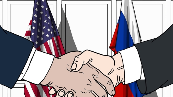 Businessmen or Politicians Shaking Hands Against Flags of USA and Russia alt