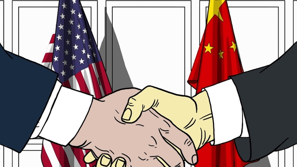 Businessmen or Politicians Shaking Hands Against Flags of USA and China alt