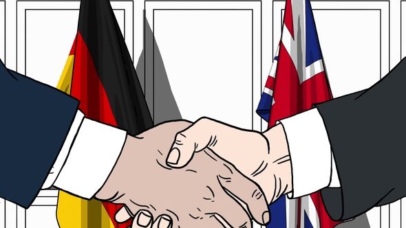 Politicians Shaking Hands Against Flags of Germany and Great Britain alt