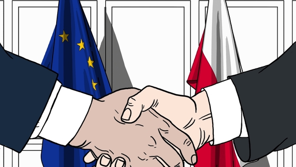 Politicians Shake Hands Against Flags of European Union EU and Poland alt