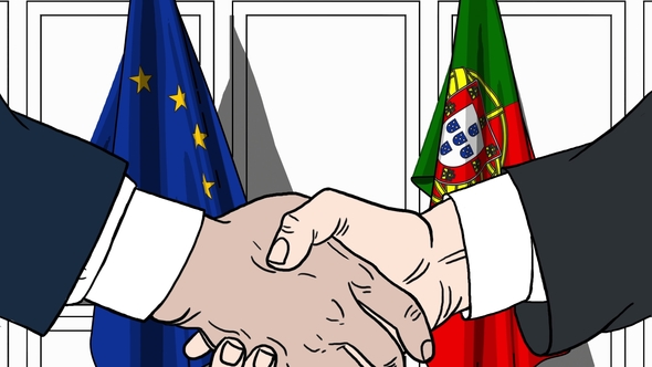 Politicians Shake Hands Against Flags of European Union EU and Portugal alt