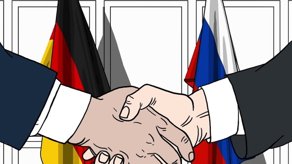 Businessmen or Politicians Shaking Hands Against Flags of Germany and Russia alt