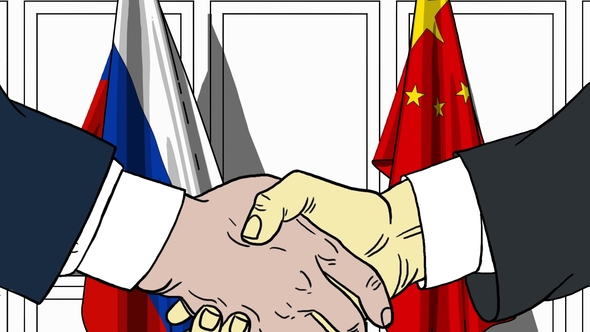 Businessmen or Politicians Shaking Hands Against Flags of Russia and China alt
