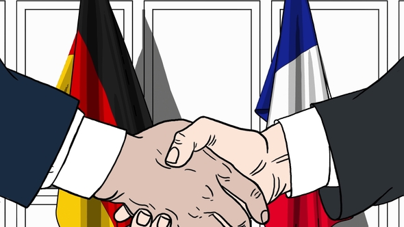 Businessmen or Politicians Shaking Hands Against Flags of Germany and France alt