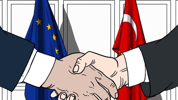 Politicians Shaking Hands Against Flags of EU and Turkey alt