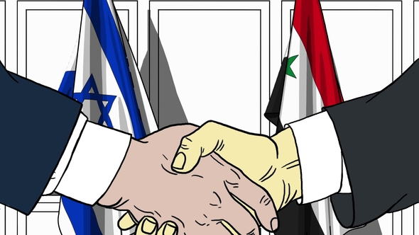 Businessmen or Politicians Shake Hands Against Flags of Israel and Syria alt