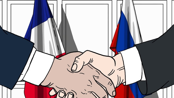 Businessmen or Politicians Shaking Hands Against Flags of France and Russia alt