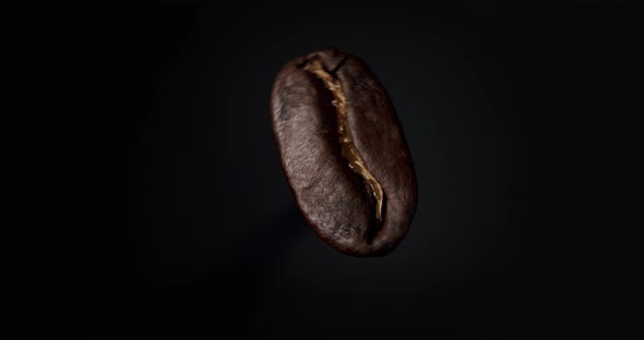 Dark brown coffee bean spinning in slow motion before black ground with soft light from the left.