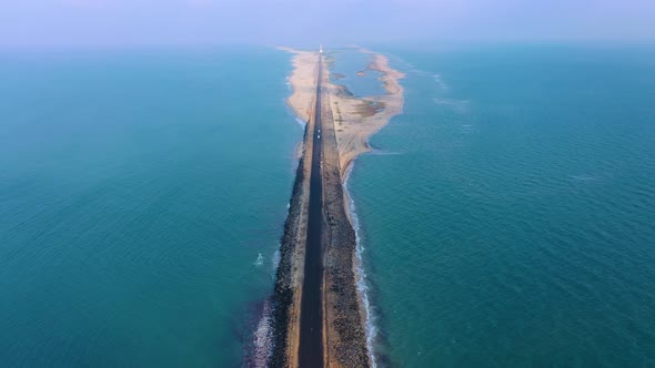 Dhanushkodi from above, full view of road through the sea